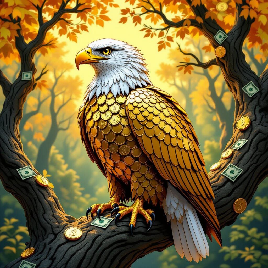 Golden Eagle Made of Coins in a Money Forest