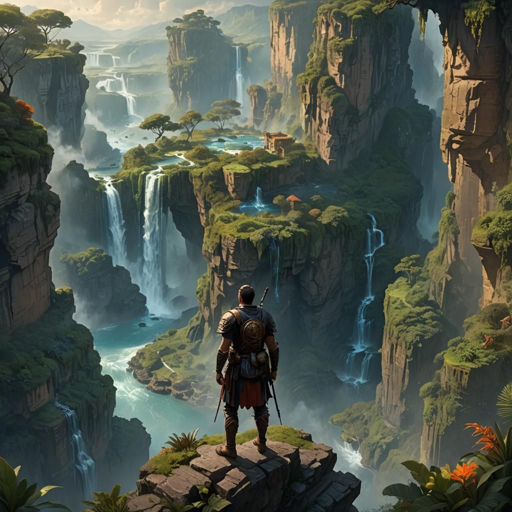 Roman Soldier Gazes at Floating Fantasy Islands