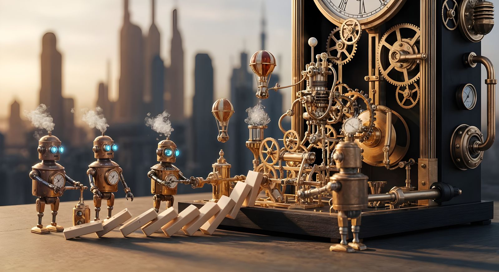 Steampunk Robots Operate Clockwork Machine in Sci-Fi Style