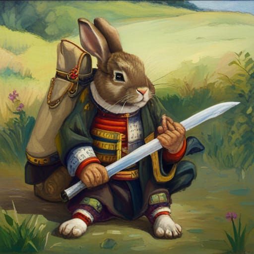 Samurai Rabbit: Fierce Warrior, Fluffy Bunny, Oil Painting