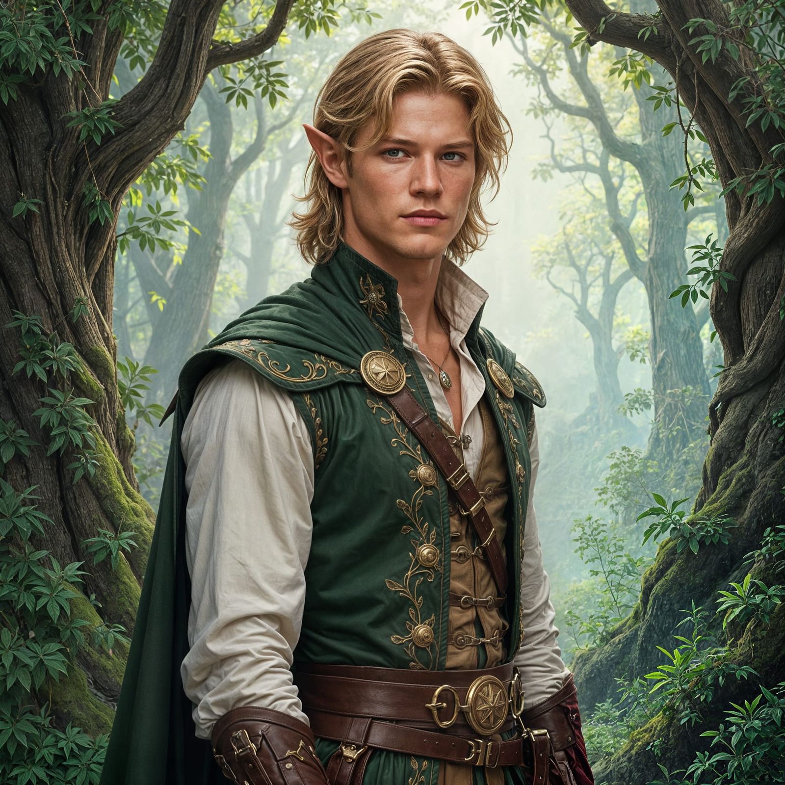 Elven Warrior in Mystical Forest, Inspired by Alan Lee