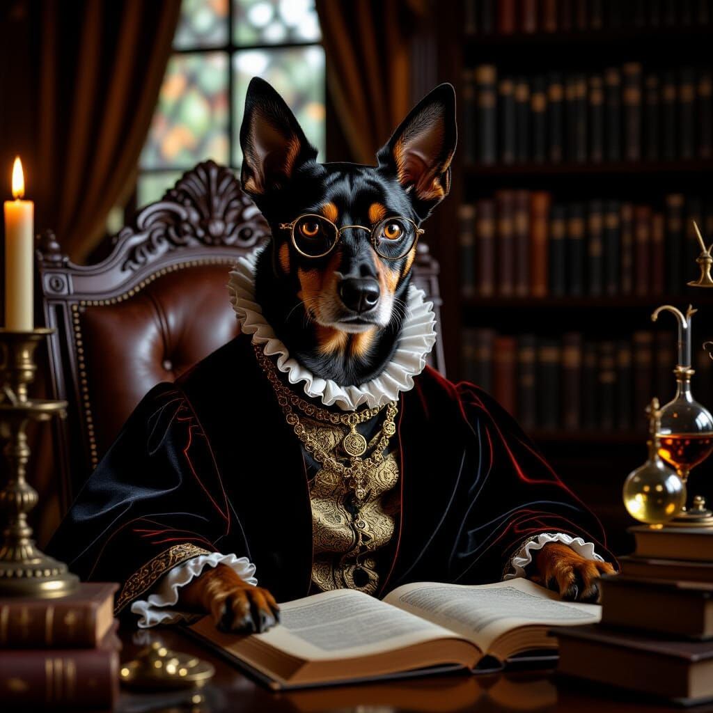Regal German Pinscher in Alchemist's Library