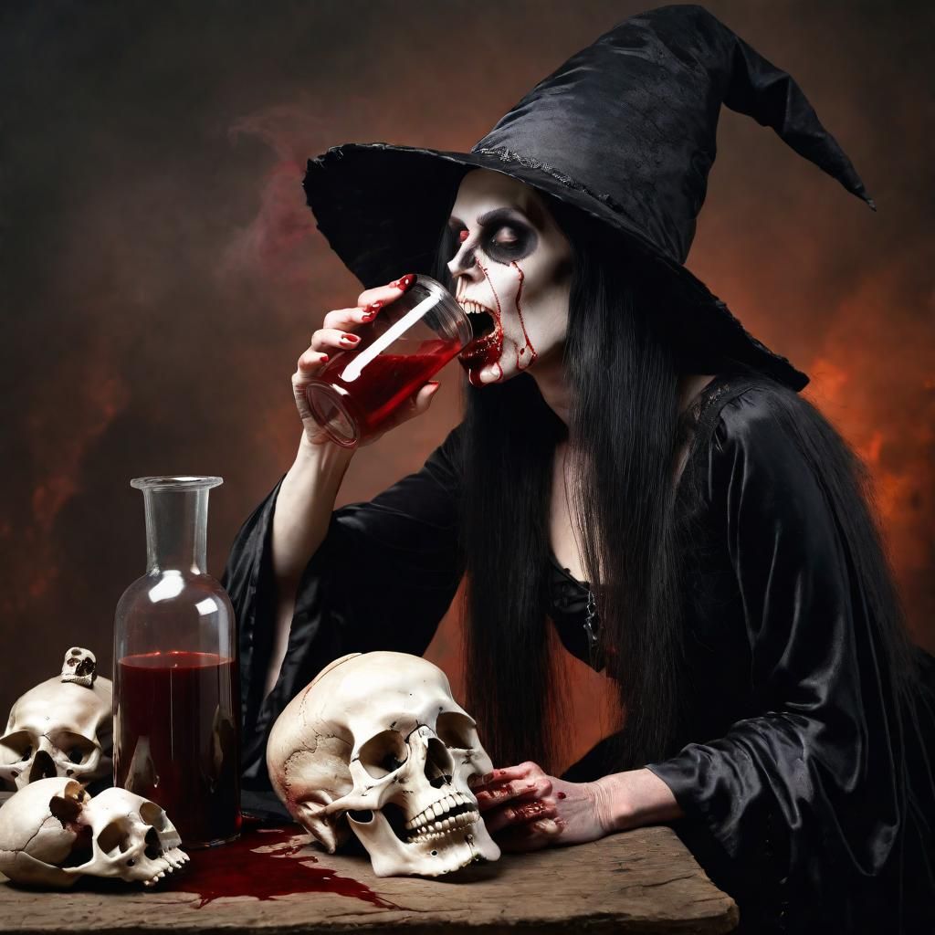 Witch Drinking Blood from Skull Photograph