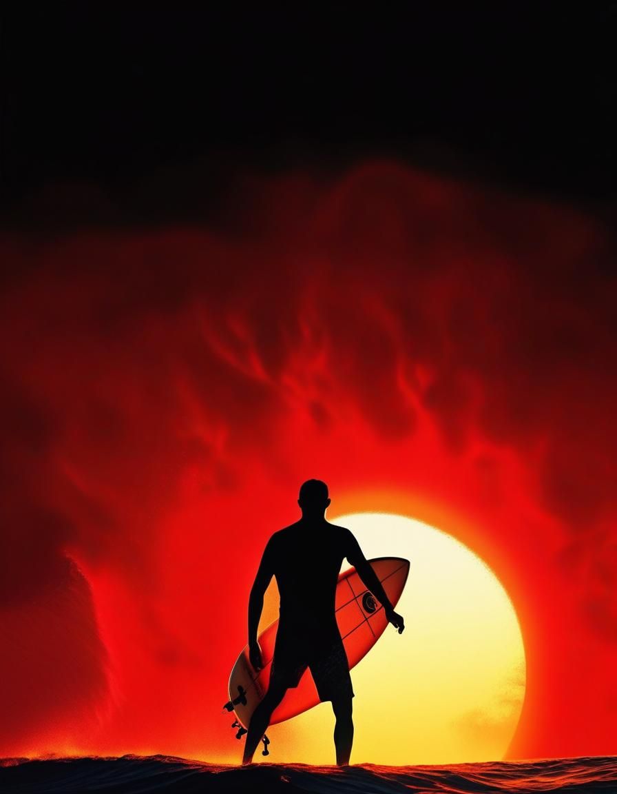 Hawaii Big Wave Surfer Under Red Sun