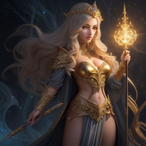 3D Mage with Golden Magic and Staff