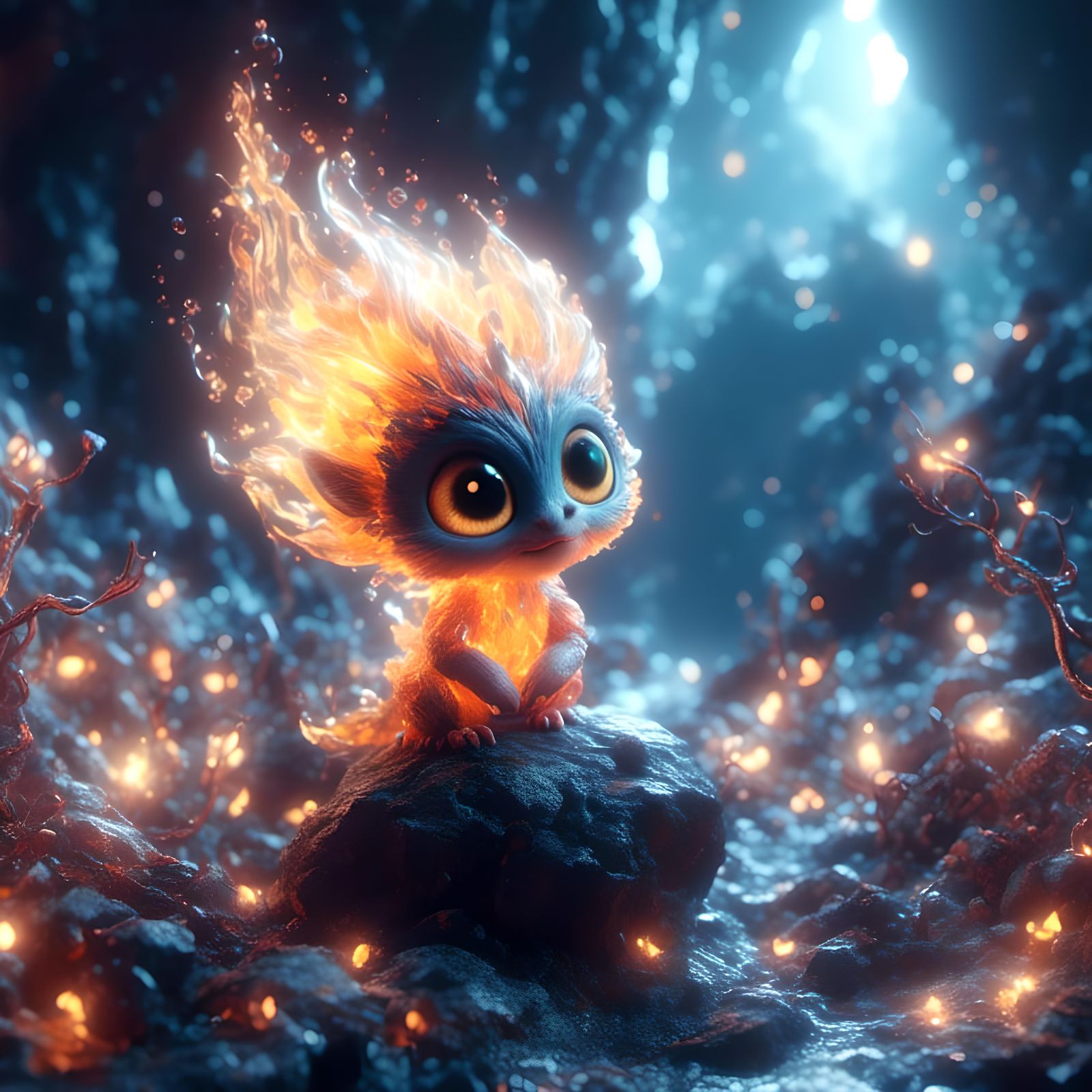 Adorable Fire Spirit in Crystalline Cave