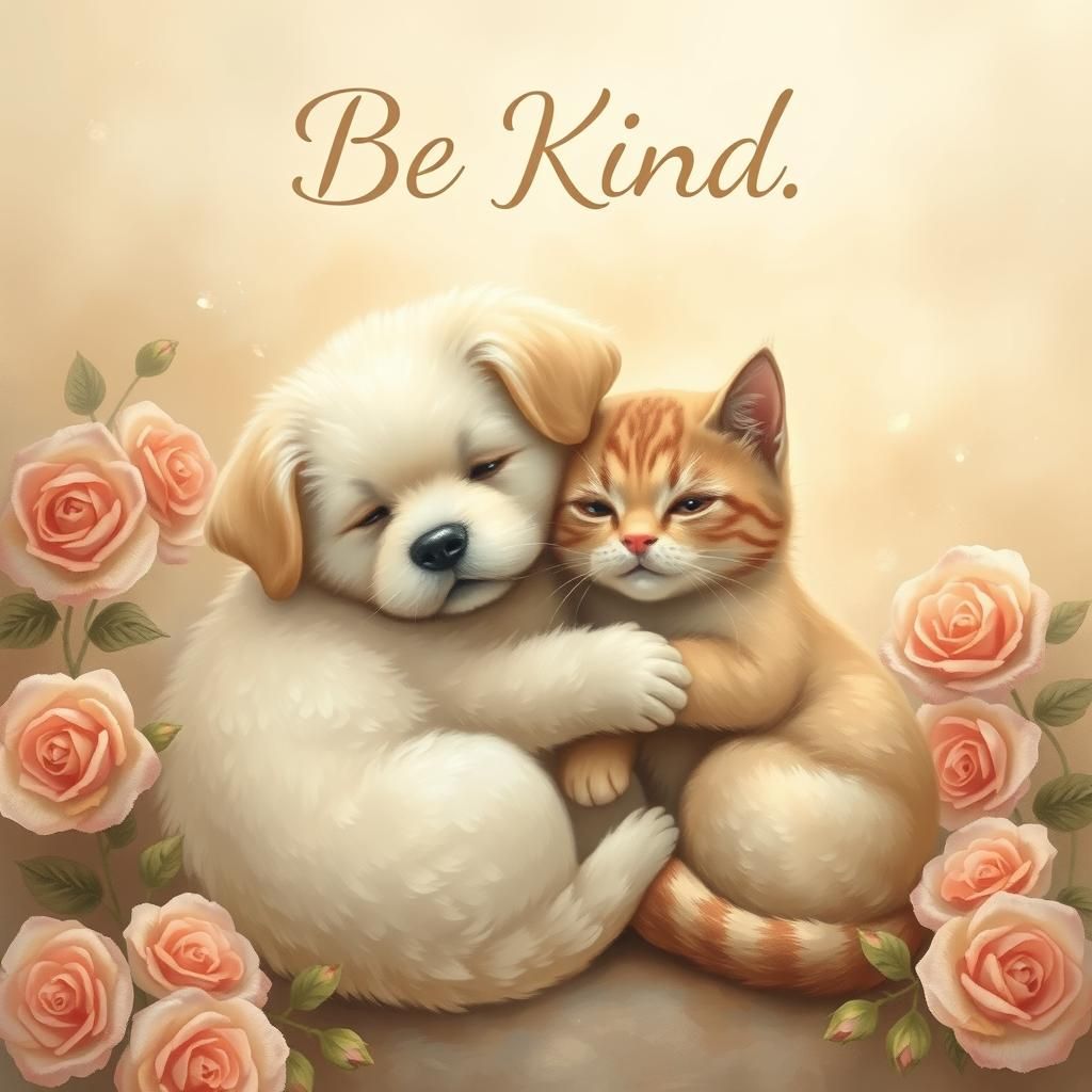 Dog and Cat Cuddle with Roses, Ethereal Fantasy