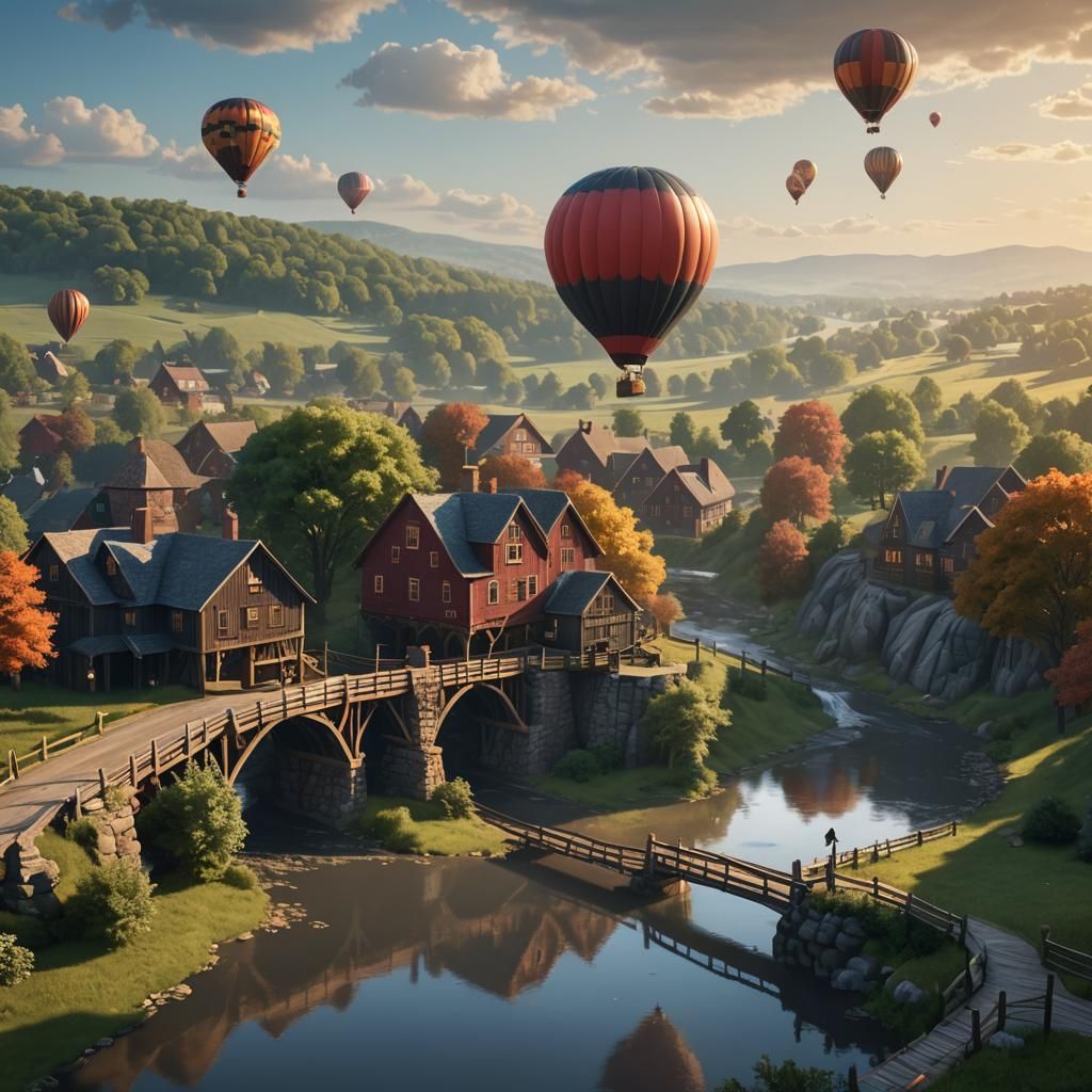Hot Air Balloon Over Covered Bridge: Matte Painting