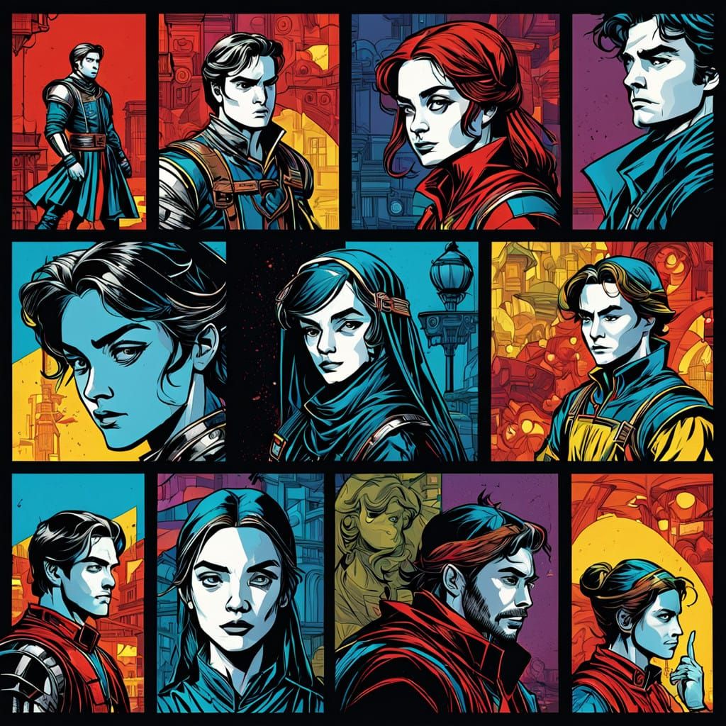 4 squares Comic bookstyle romeo and Juliet bold black lines Marvel Comics pop art mixed media 3DEXCITE CGSociety