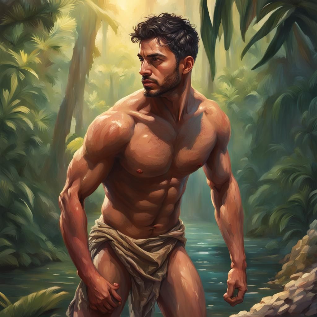Jungle Exploration: Muscular Figures in a Colorful Landscape