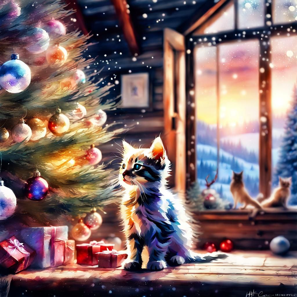 Cute Kitten's Christmas in Digital Watercolor