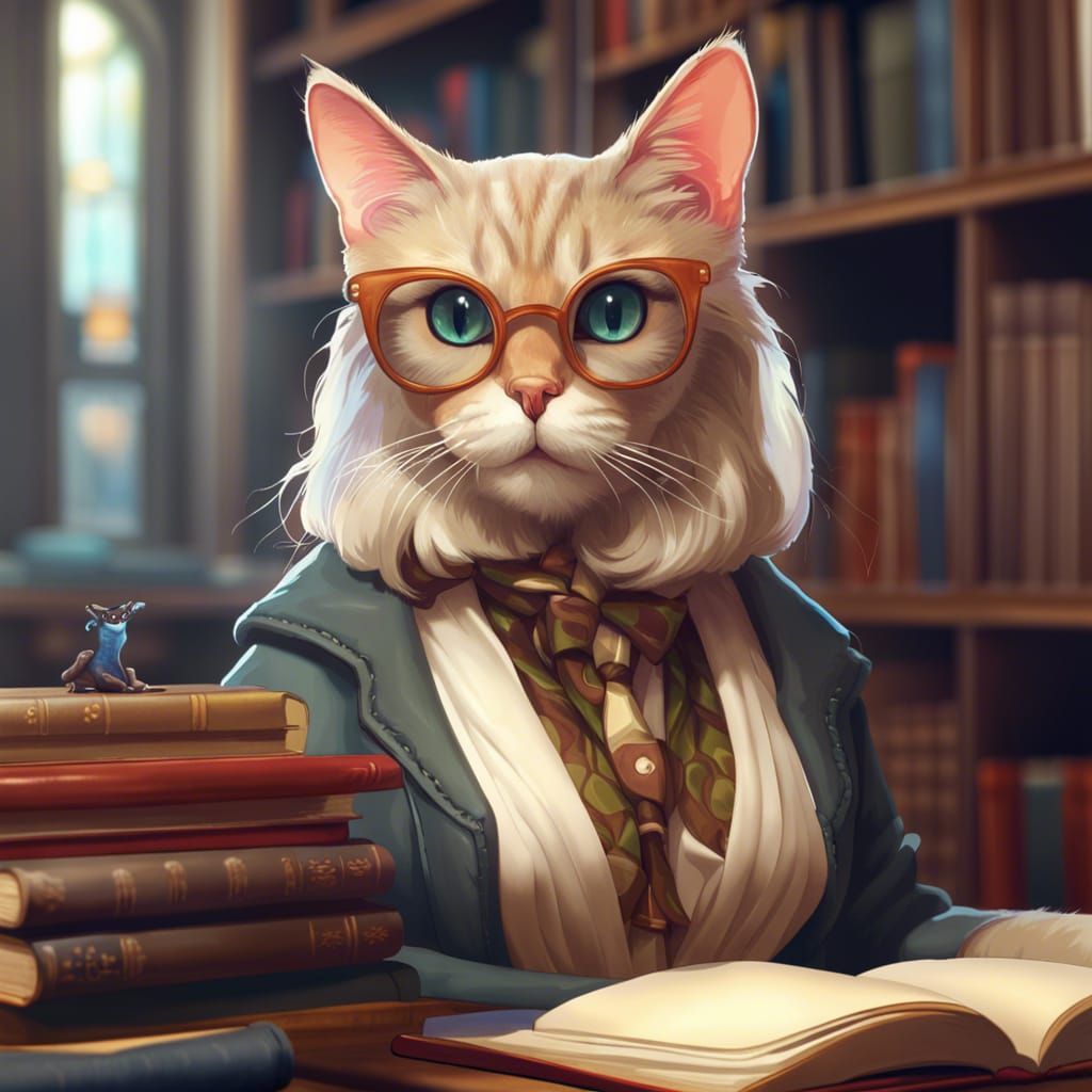 Librarian Cat Portrait in Hyperdetailed Style