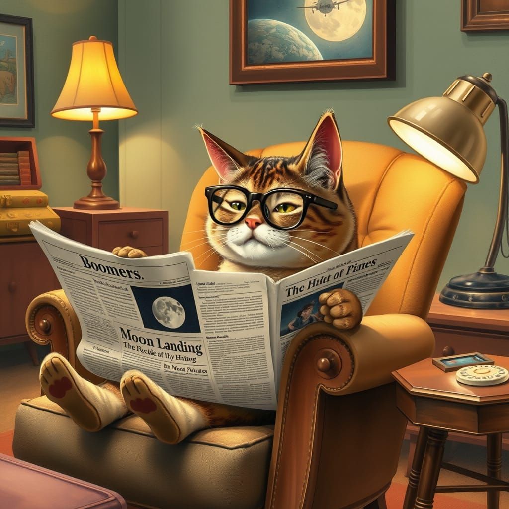 Boomer Cat Reads Moon Landing News in Storybook Style