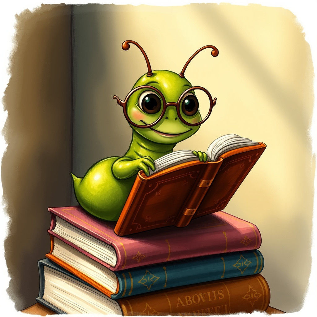Bookworm Reading: A Whimsical Storybook Illustration