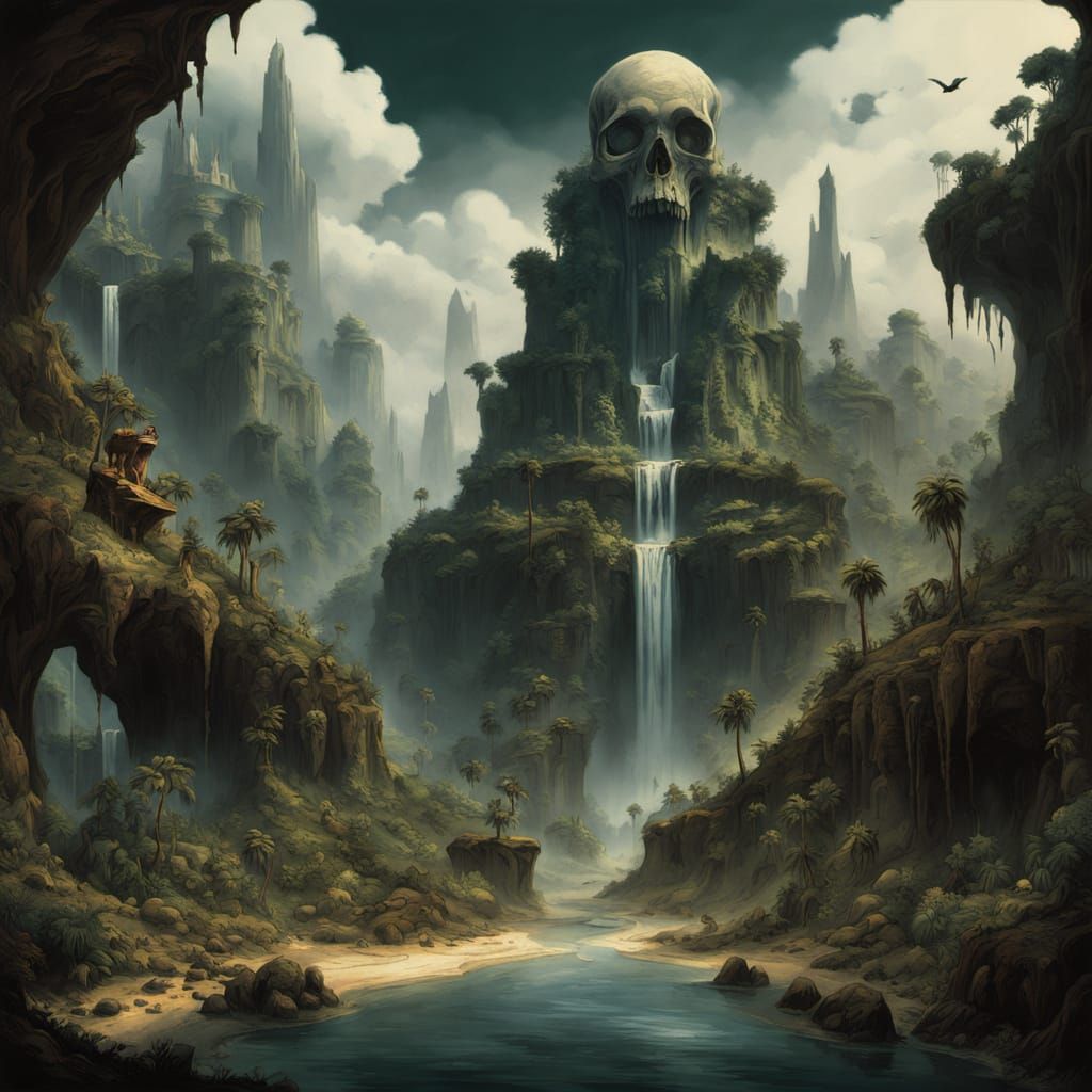 Oasis Waterfall Flowing from Ancient Skull