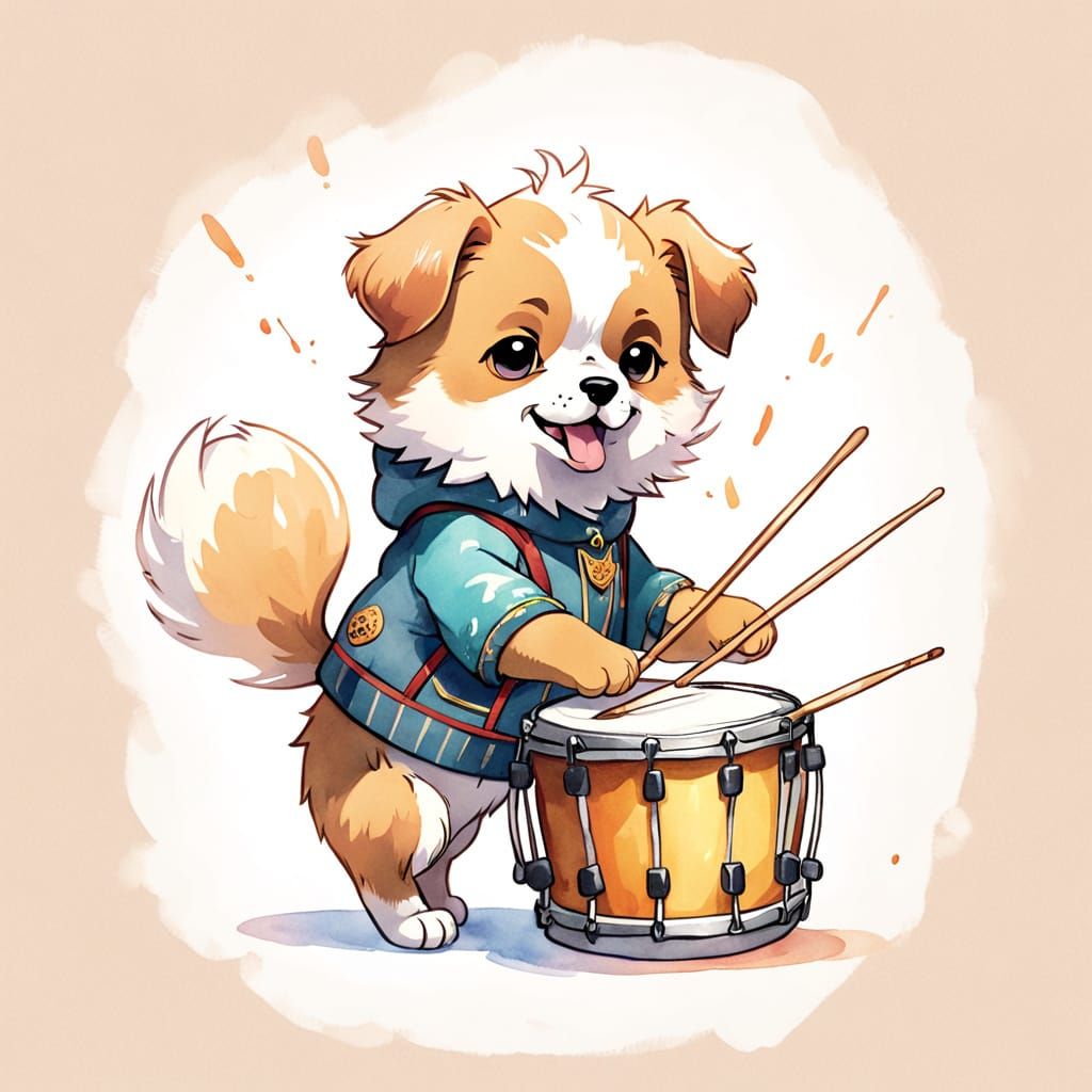 Watercolor Cartoon of a Drumming Puppy