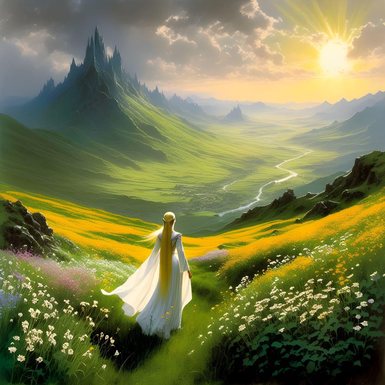 Elven Maiden in Tumladen Valley, Sword and Sorcery Art