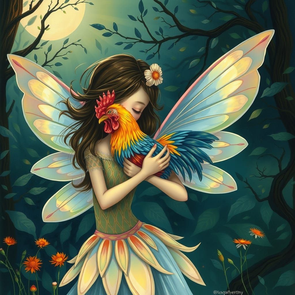 Fairy with Multicolored Chicken in Dreamy Forest