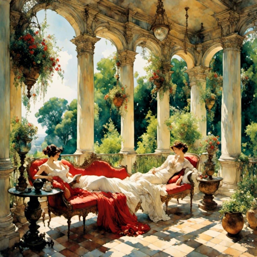 Southern Gothic Veranda Scene in Watercolor Style