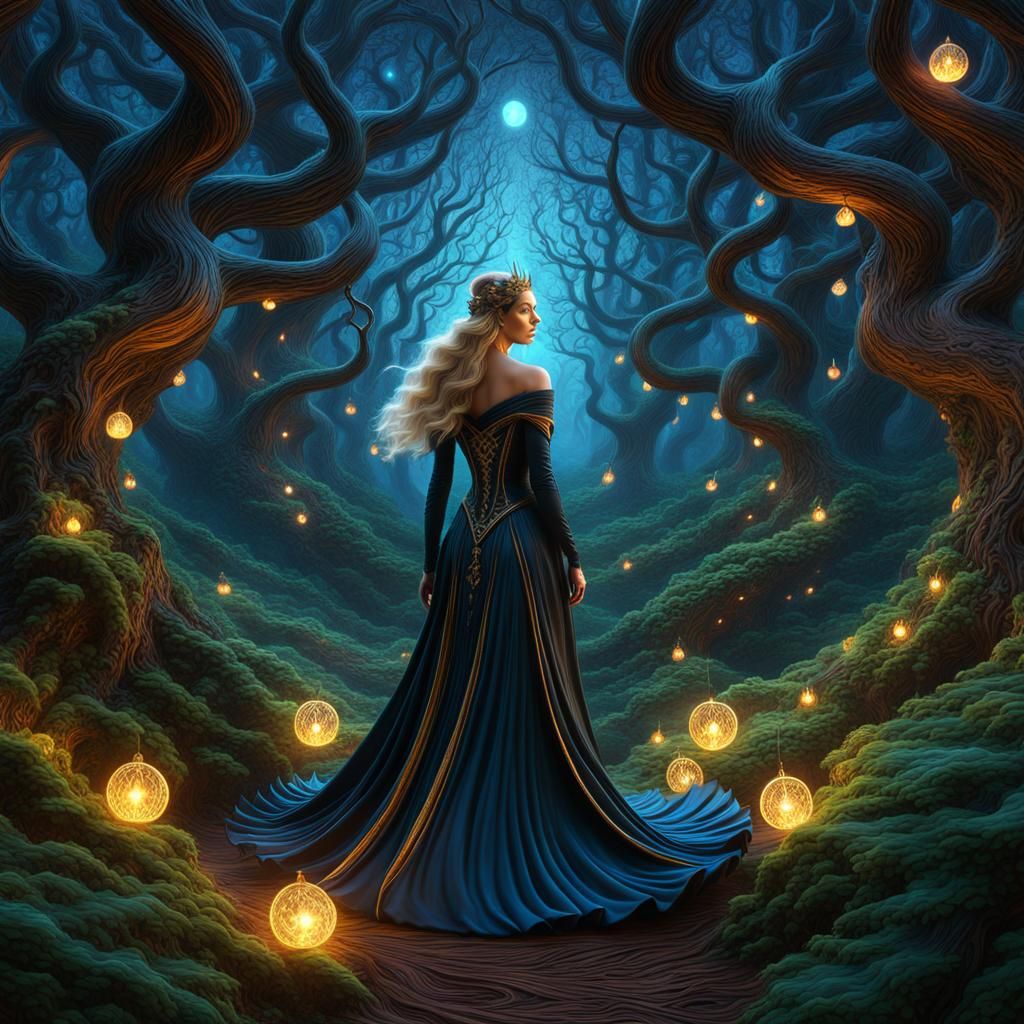 Magical Sorceress in Gnarled Forest with Fairy Lights