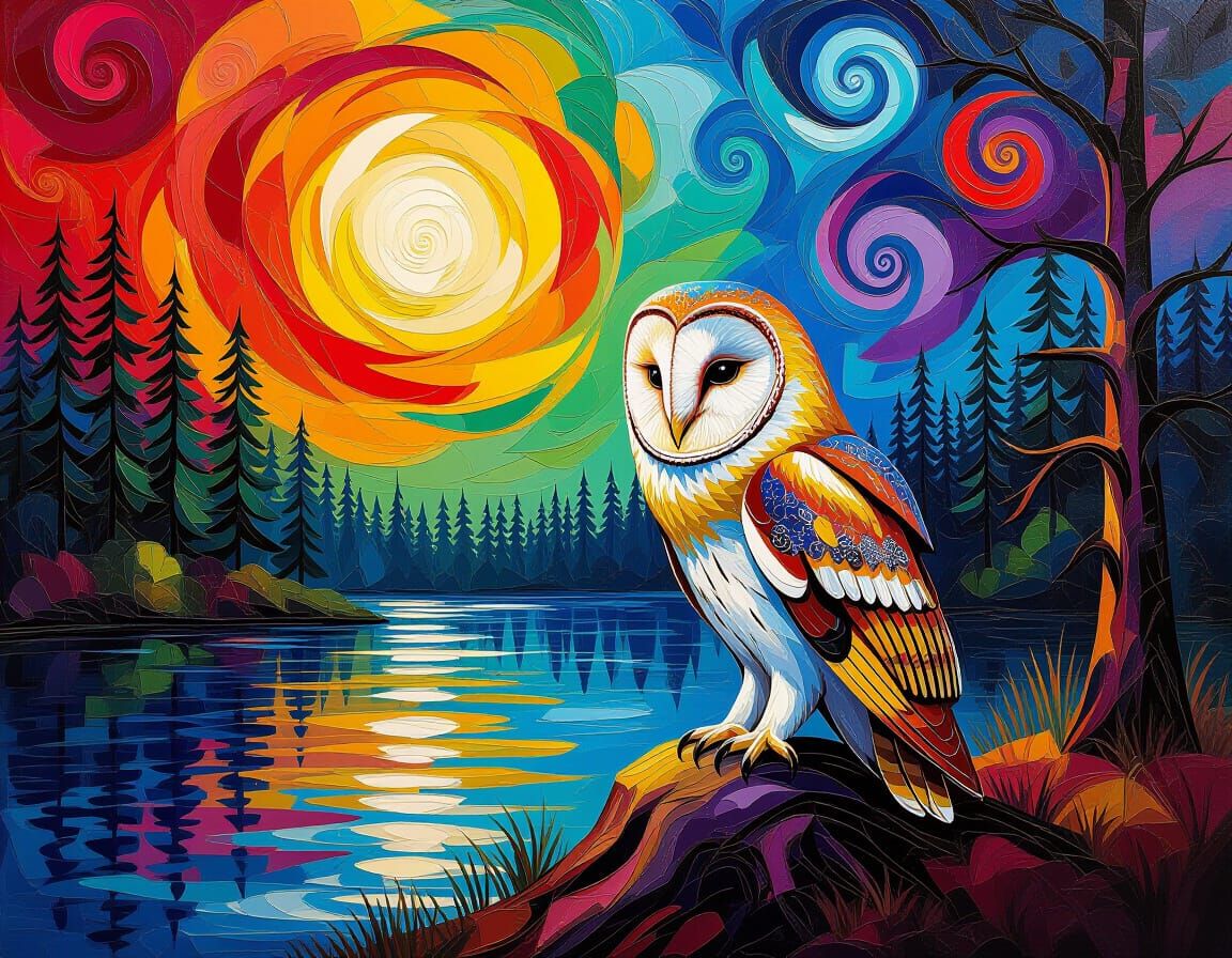 Dramatic Impasto Barn Owl Painting with Surreal Forest