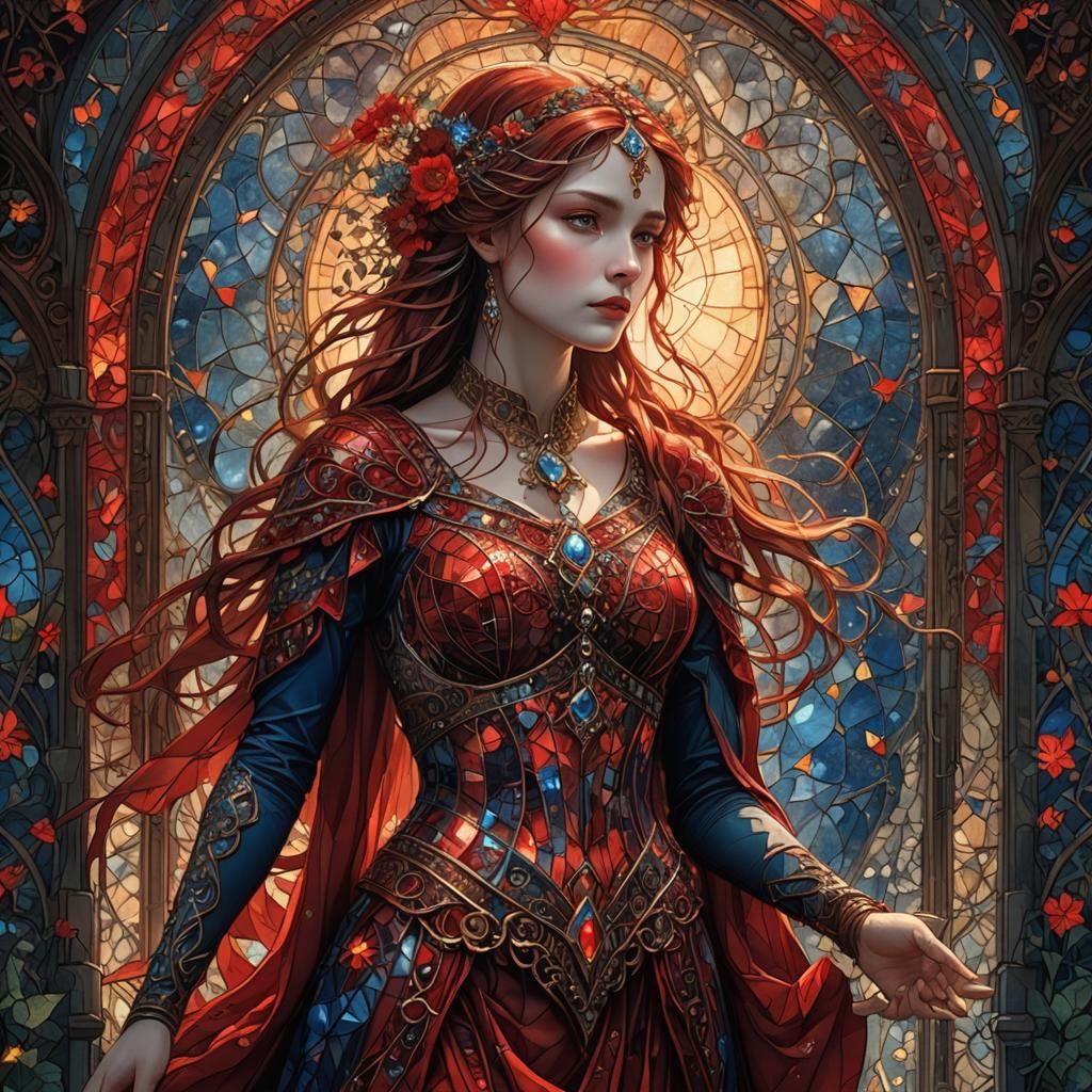 Lady in Red Mosaic Art Nouveau Fantasy