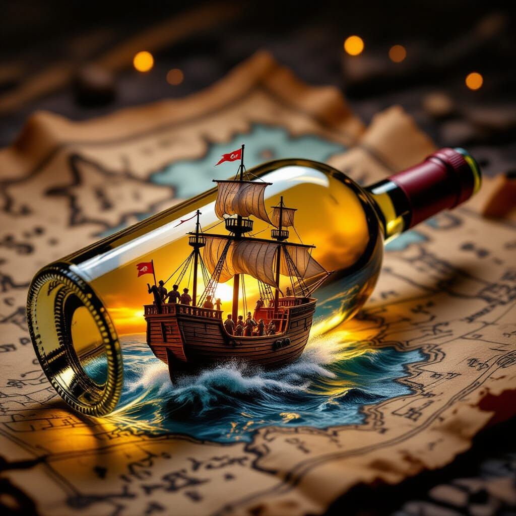 Miniature Ship in a Bottle on Treasure Map