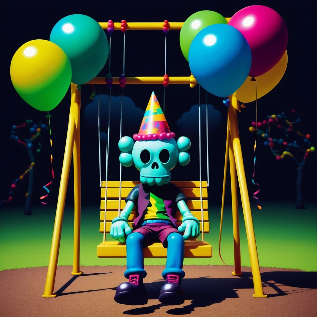 Colorful Zombie in Party Hat Swings Amid Retro Pixel Chaos