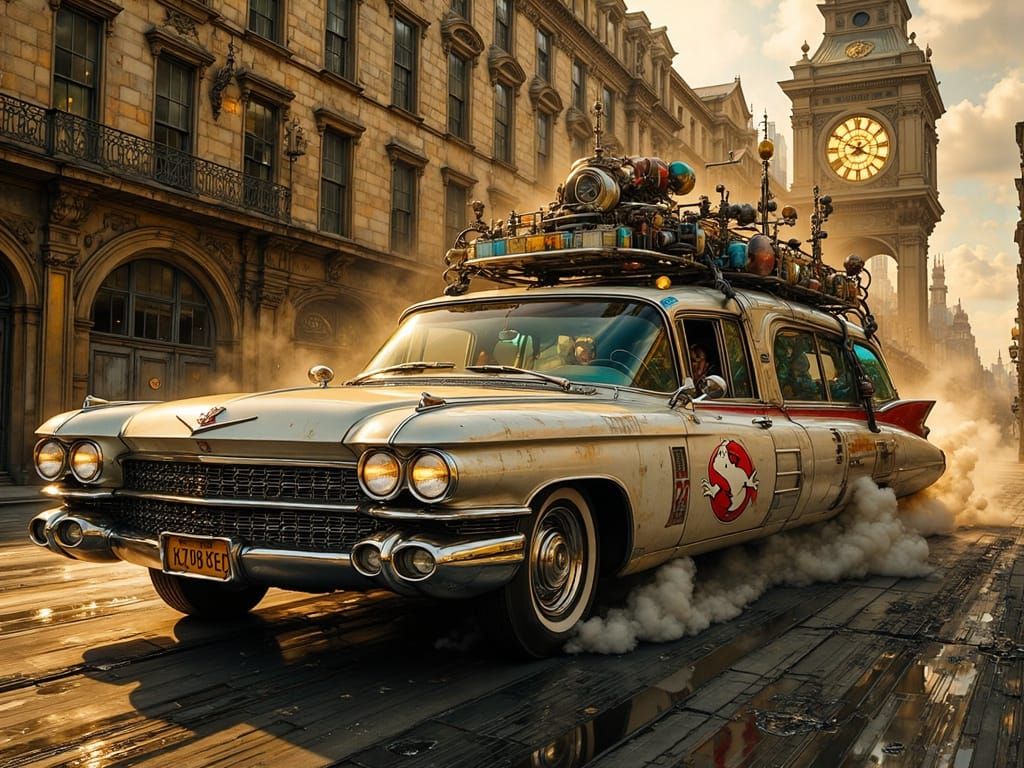 Ecto-1 Ghostbusters Car in Urban Scene