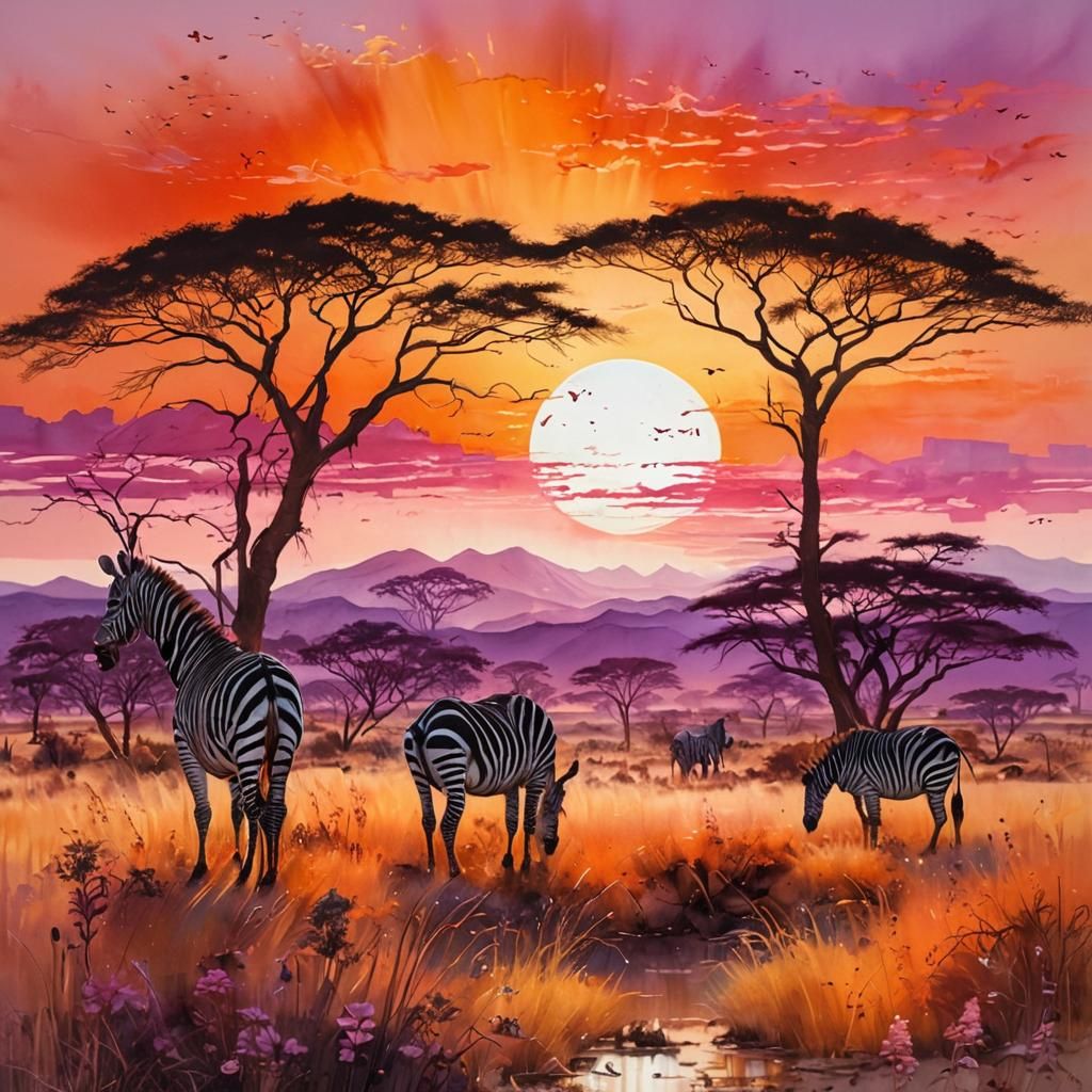 Golden African Sunset with Acacia Trees and Zebras