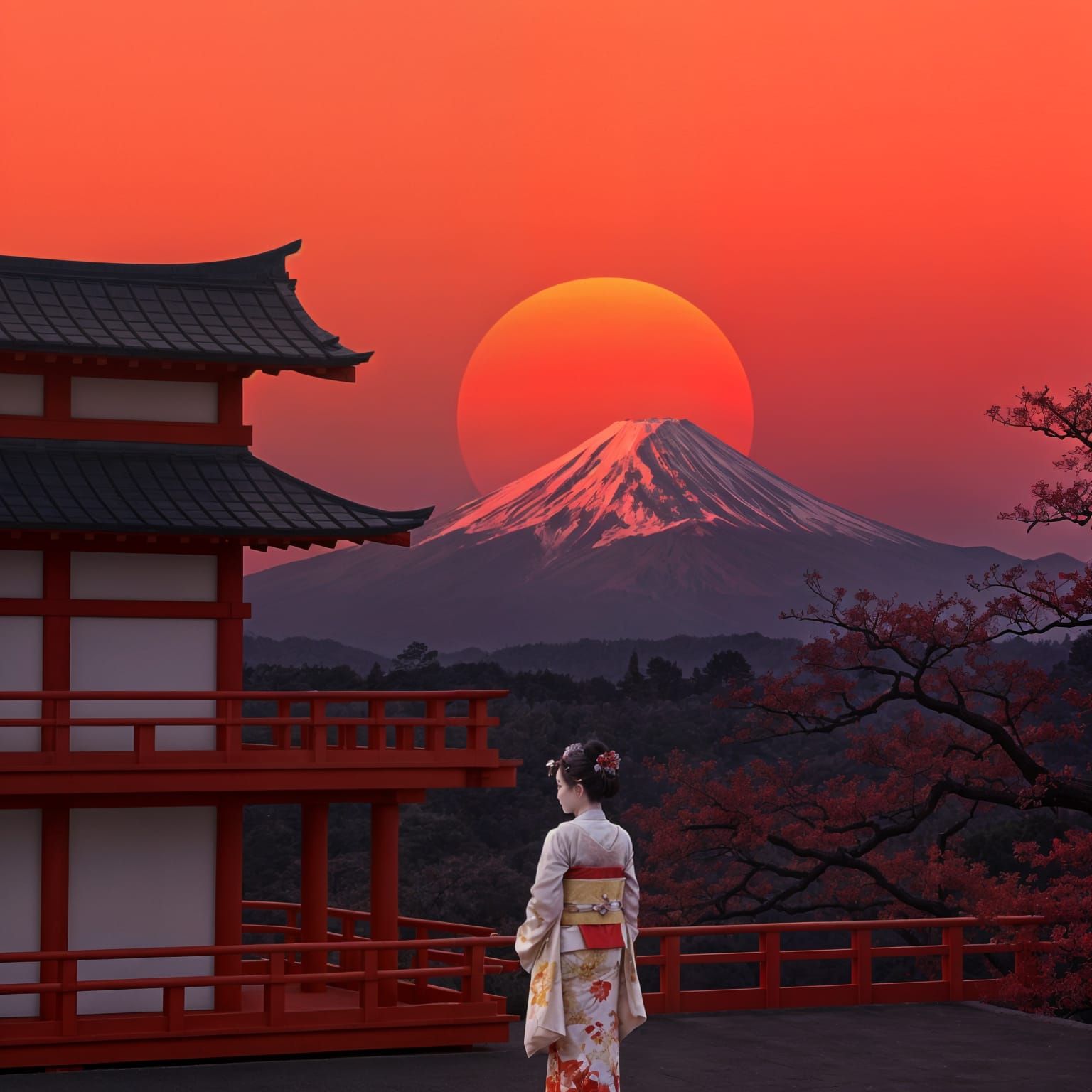 Geisha by Mount Fuji at Sunset
