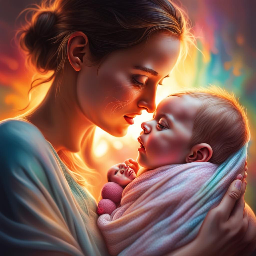 Glowing Mother and Newborn Baby: Hyperrealistic Splash Art