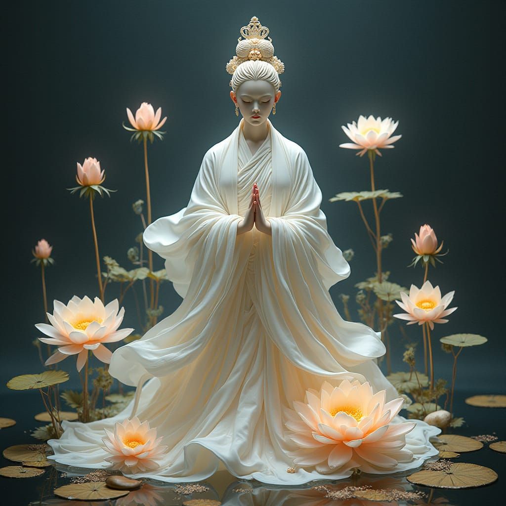 Kuan Yin in Ethereal White Robe with Pale Lotus Roses and Tw...
