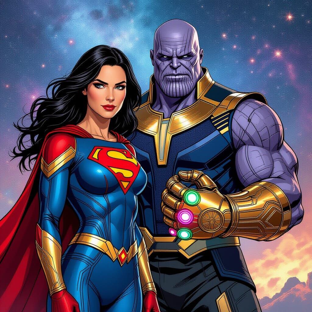 Superwoman and Thanos in Cosmic Galaxy, Cinematic Illustrati...