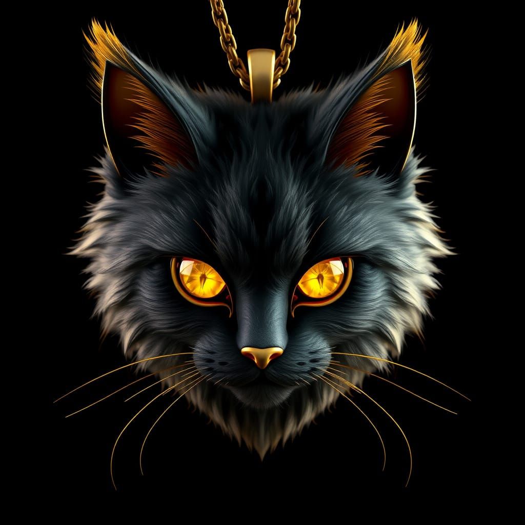 Luxurious Black Cat Head Pendant in Shimmering Gold