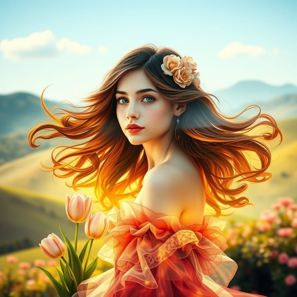 Whimsical Woman With Tulip Hair and Art Nouveau Dress