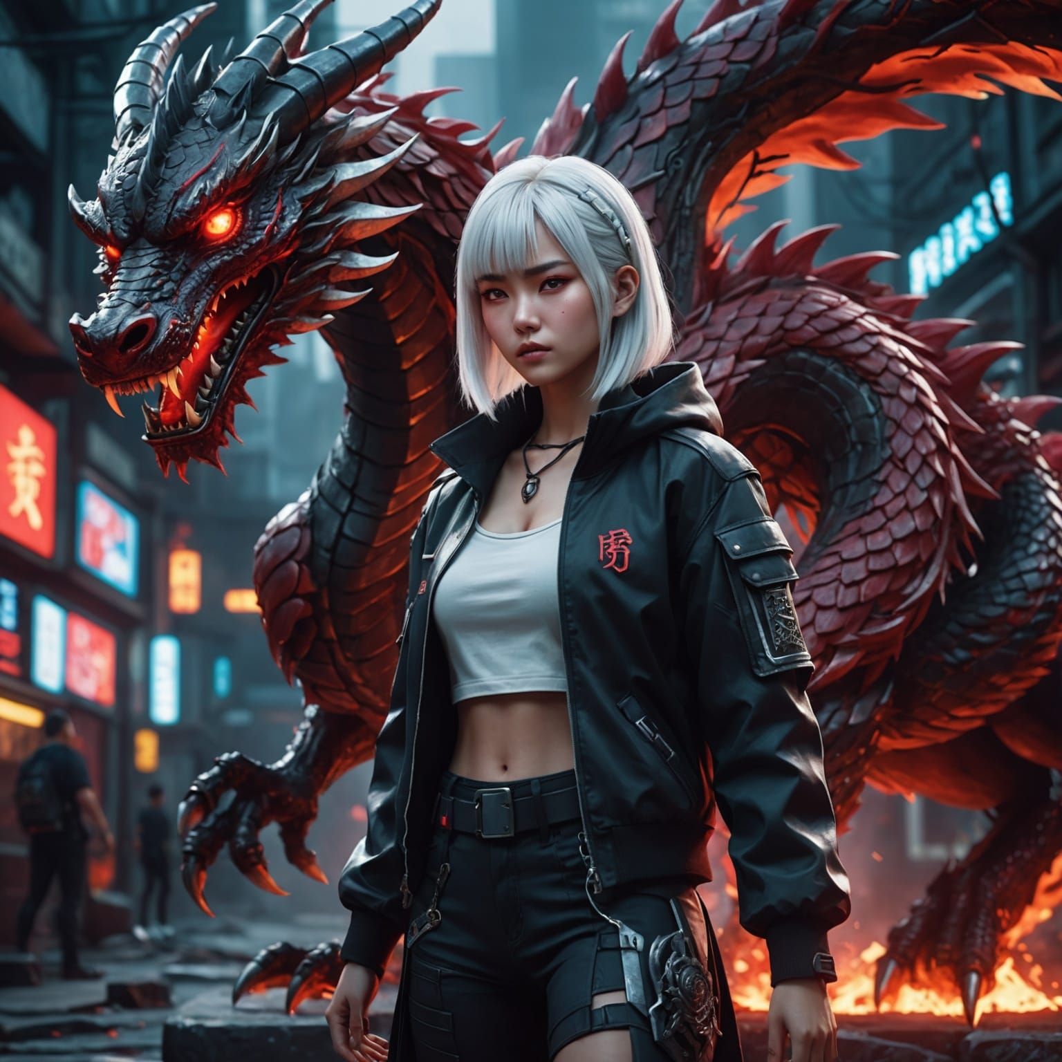 Cyberpunk Gamer Girl with Chinese Dragon in Anime Style
