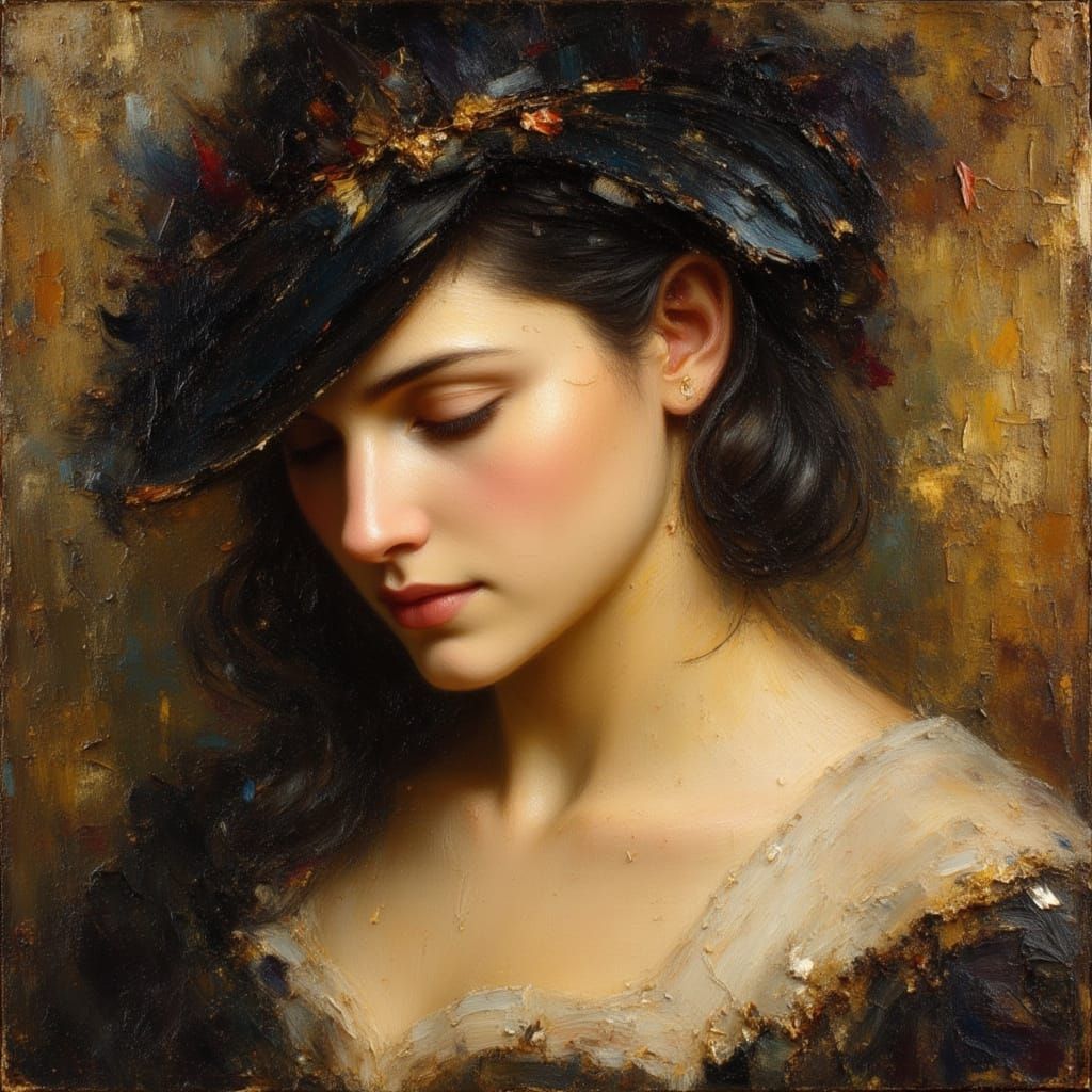 Contemplative Woman Portrait in Impasto Oil Style