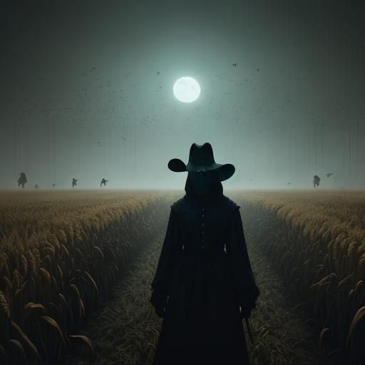 Scarecrow in Field: Dark Digital Painting with Neon Lights