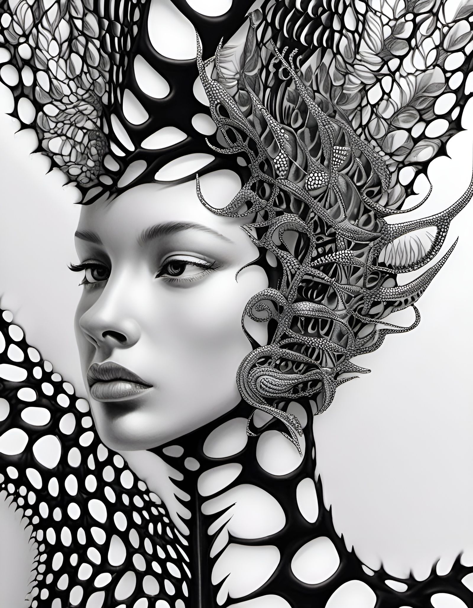 Monochrome Fractal Woman with Dragon-Giraffe Hybrid, Pyrogra...