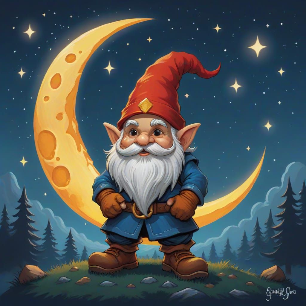 Gnome Holding Torch Under Crescent Moon