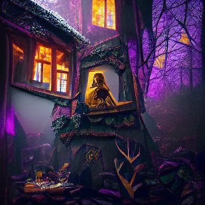 Gingerbread House in Dark Forest, Fantasy Art