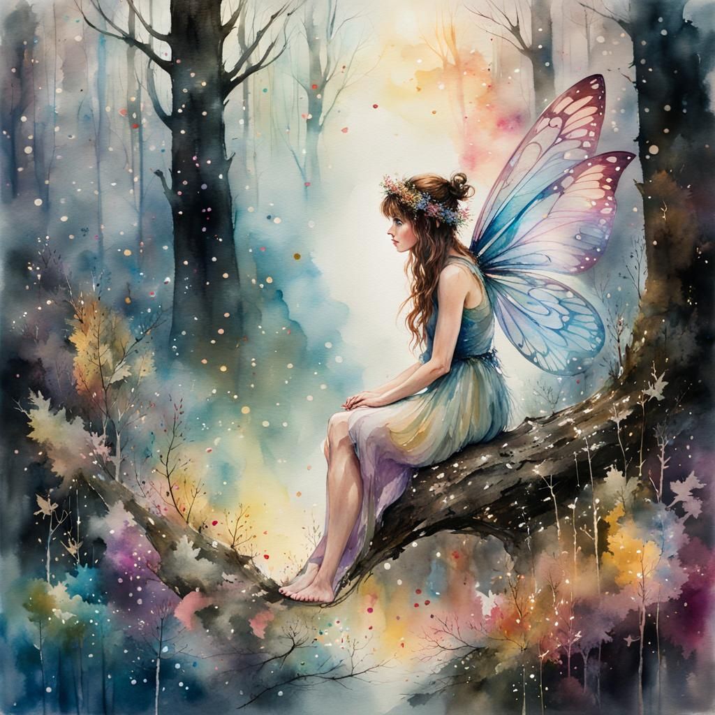Fairy in Forest at New Year Celebration as Watercolor