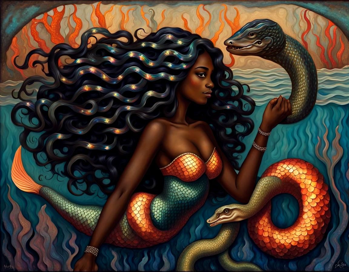 Striking Mermaid with Serpent in Primitive Style