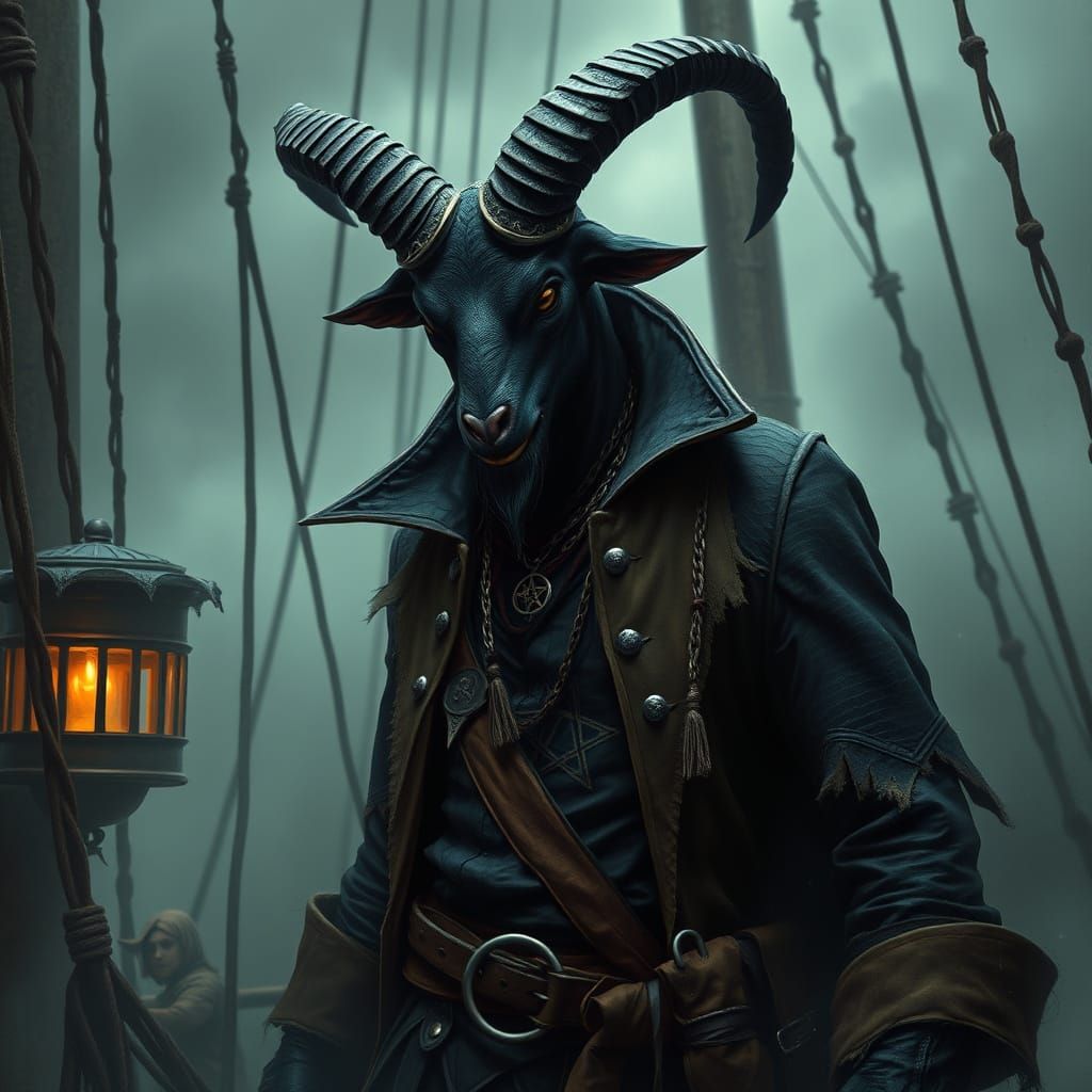 Dark Pirate Demon with Goat Head and Pentagram