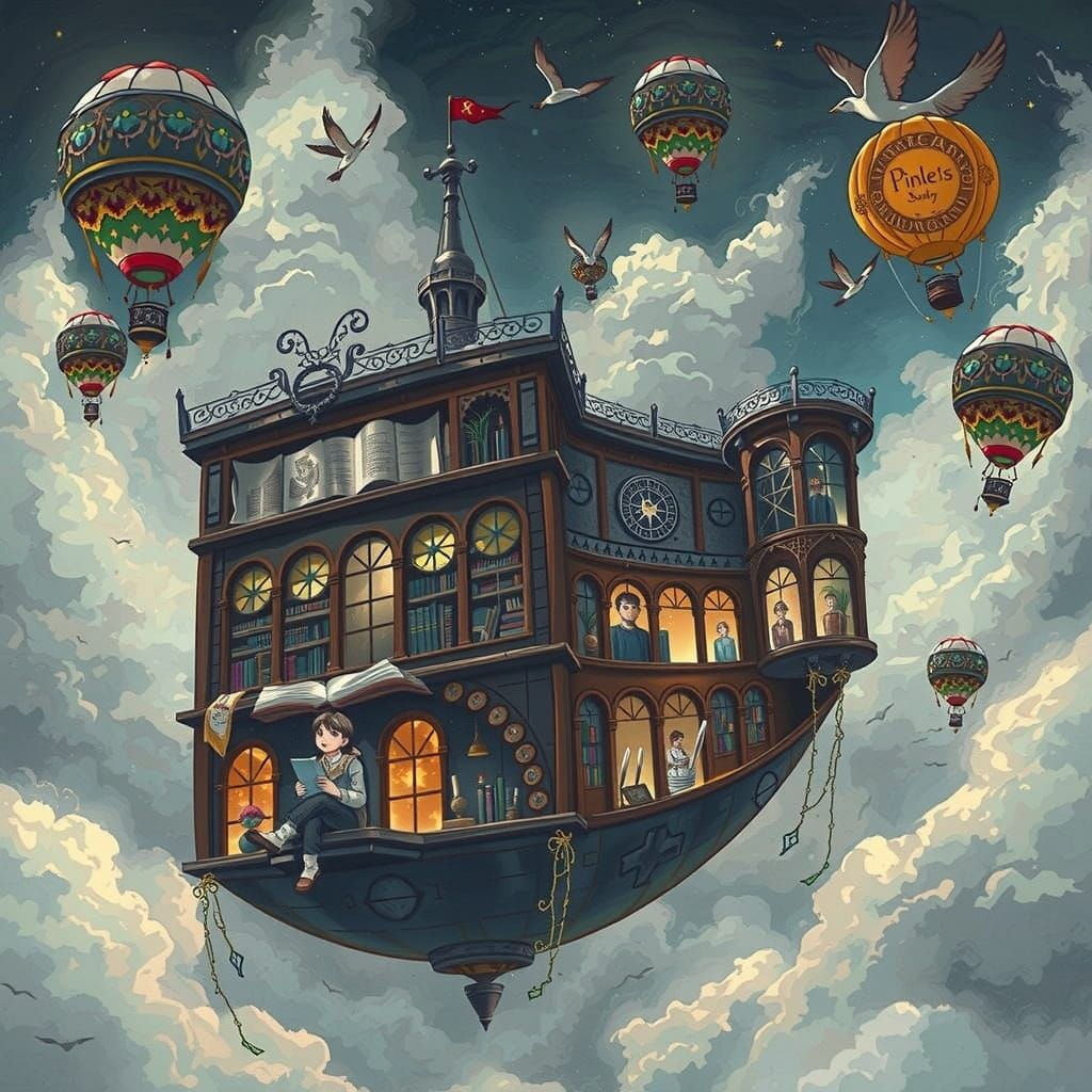 Floating Library with Flying Book and Balloons