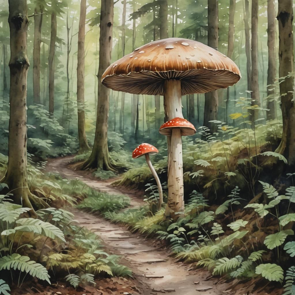 Giant Mushroom Walks in Woods: Watercolor Painting