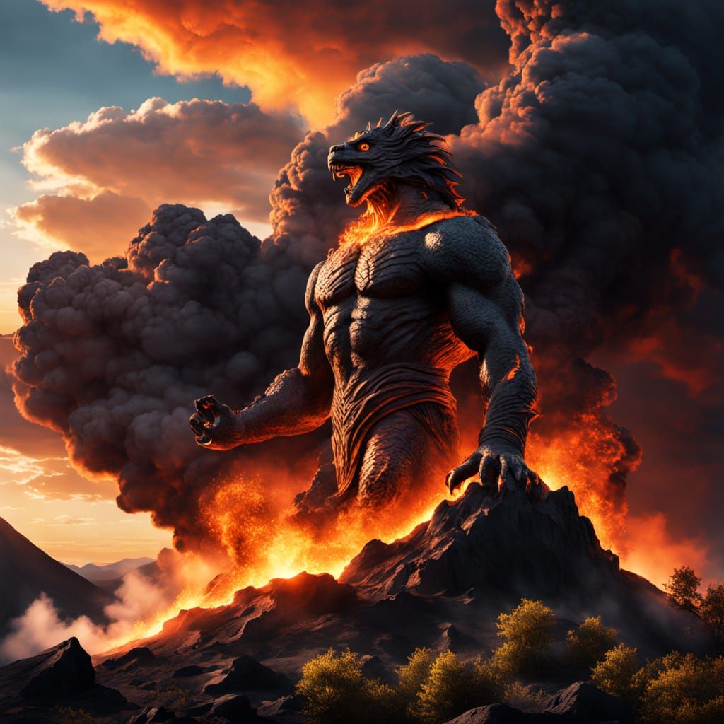 Volcanus Statue with Erupting Volcano, Digital Art
