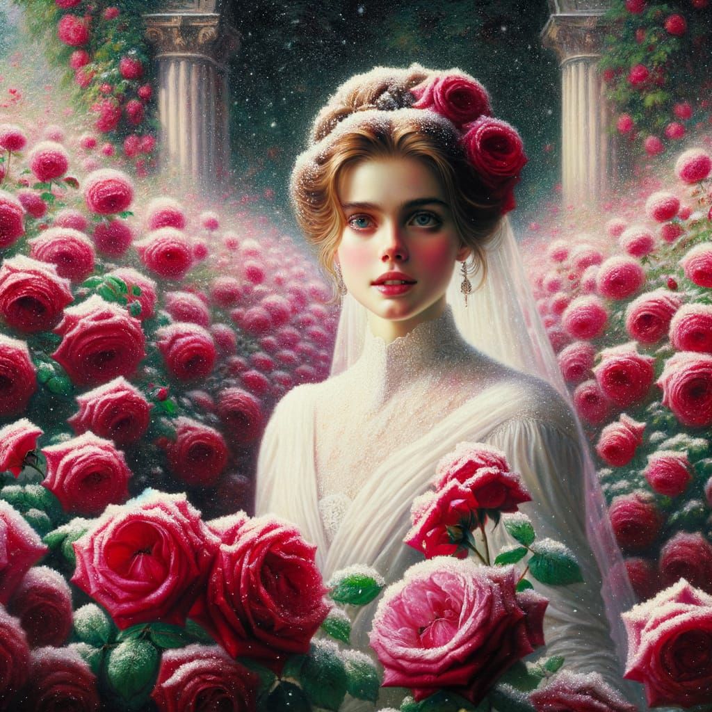 Elegant Bride in a Snowy Rose Garden, Oil Painting Style