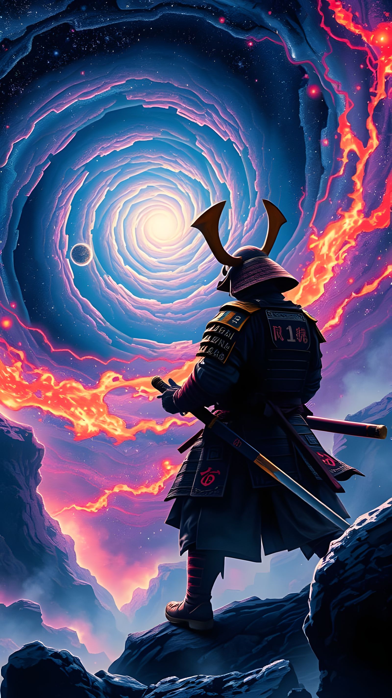 Samurai Silhouette Against Cosmic Vortex in Fantasy Style